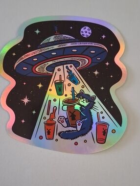 Dutch Bros Holographic UFO Cat Sticker - Iridescent Space Design